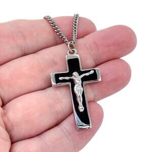 Estate Sterling Silver 925 Black Enamel Crucifix Plated Chain Necklace 24"